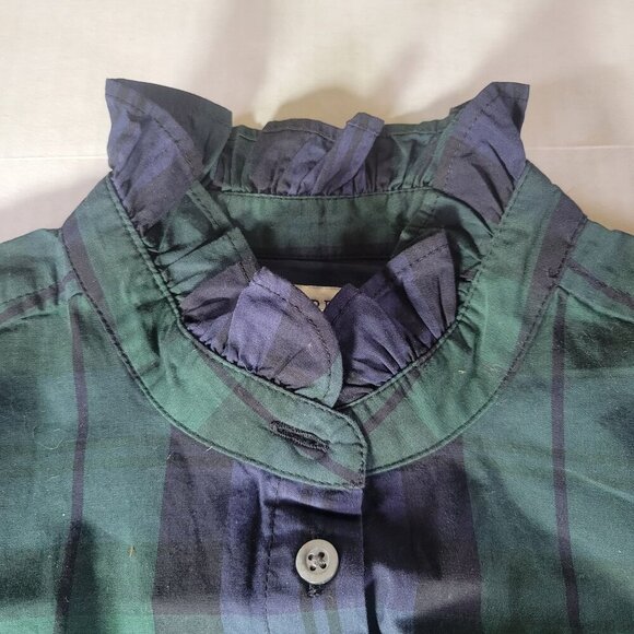 J.Crew Green & Navy Plaid Ruffle Collar Long Sleeve Button-Up Shirt Size  XS - Picture 2 of 8